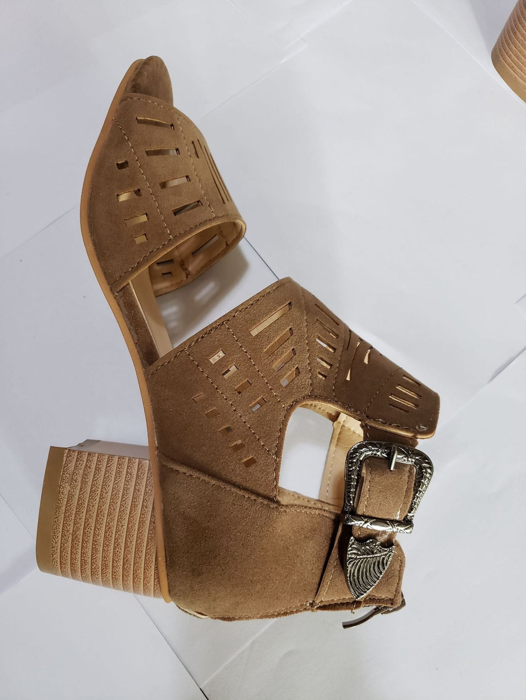 Medium Height Suede Hollow Adjustable Buckle Peep Toe Sandals - fashionshoeshouse