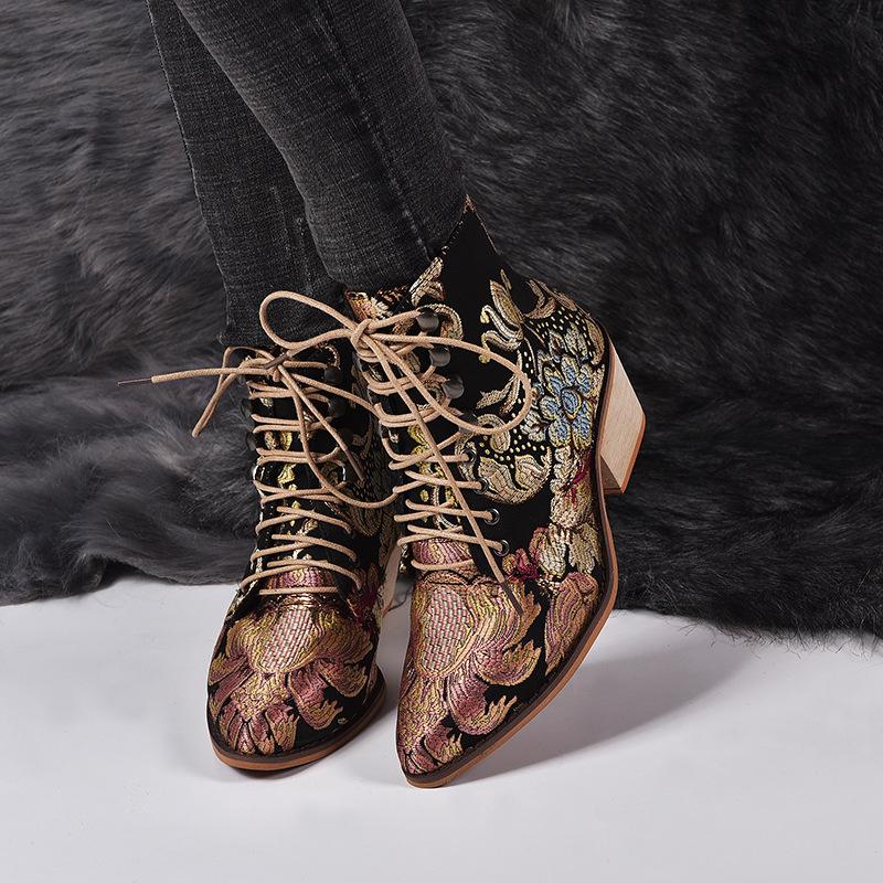 Women Winter Embroidered Pointed Toe Ankle Lace Up Boots - fashionshoeshouse