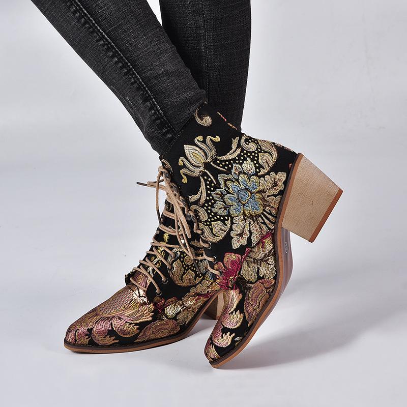 Women Winter Embroidered Pointed Toe Ankle Lace Up Boots - fashionshoeshouse