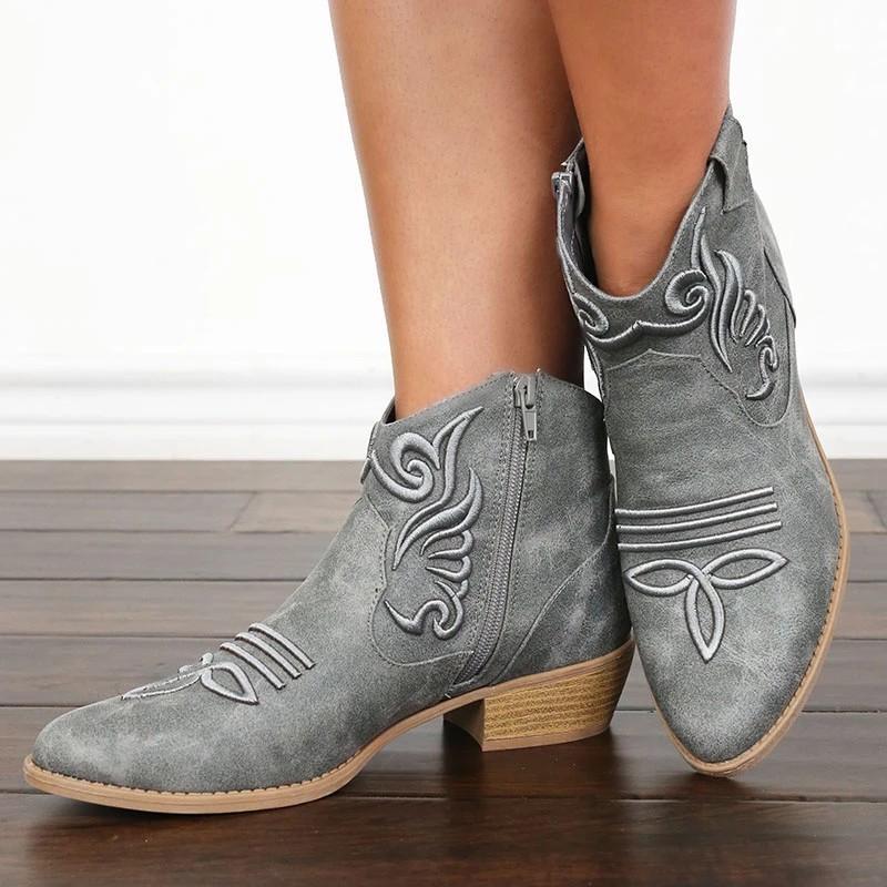 Ethnic Vintage Embroidered Flowers Zipper Black Ankle Boots - fashionshoeshouse