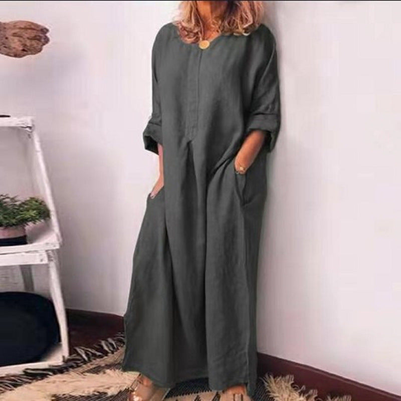 Women Solid Maxi Long Sleeve Dress