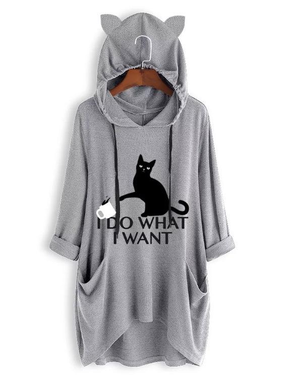 Plus Size Meow Cat Letter Print Women Loose Hoodies Sweatshirt - fashionshoeshouse