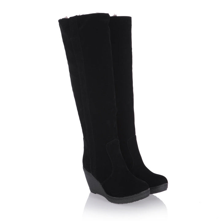 Women's wedge knee high snow boots faux fur lining long snow boots
