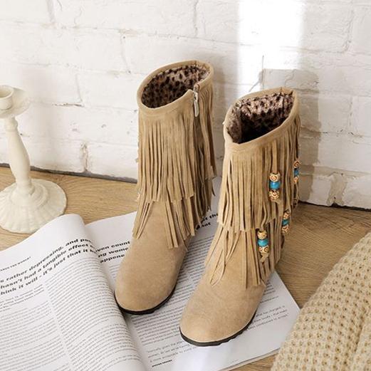 Women's ethnic beaded tassels mid calf boots