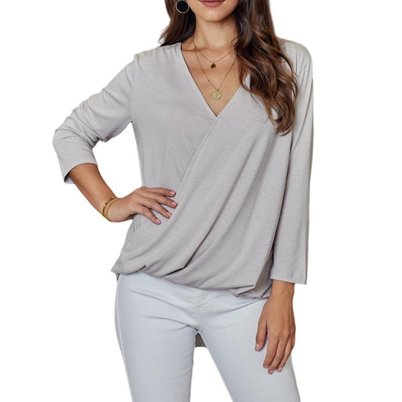 New Chic Pure Color V Neck Pullover Fold Tops For Women - fashionshoeshouse