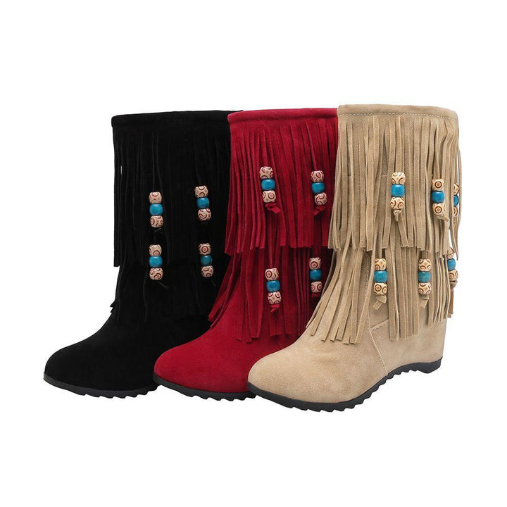 Women's ethnic beaded tassels mid calf boots