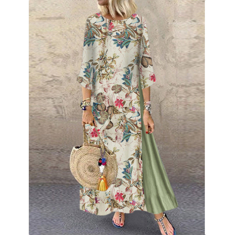 Women Vintage Flower Seven Quarter Sleeve Maxi Dress