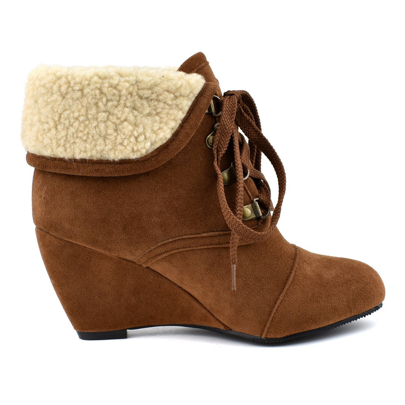 Fold down plush lined front lace wedge booties