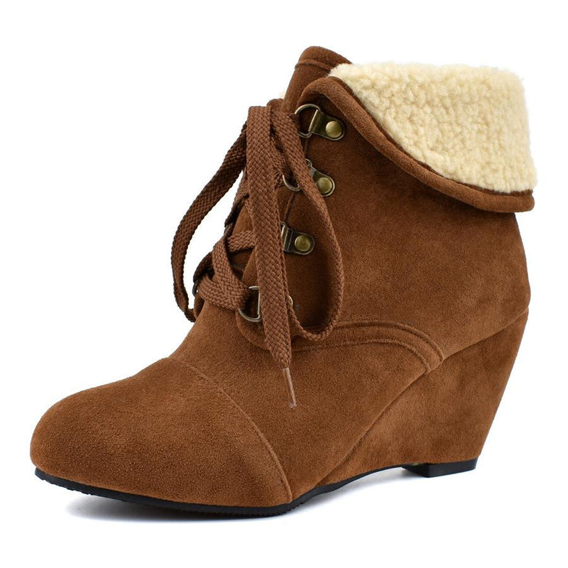 Fold down plush lined front lace wedge booties