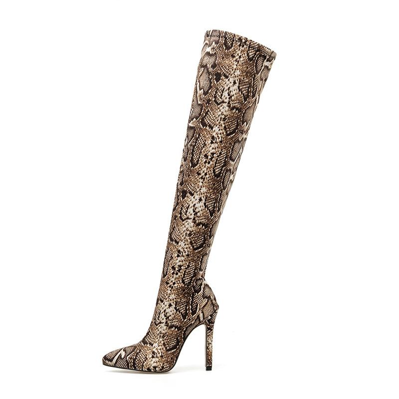 Women's sexy stiletto high heel snakeskin print thigh high boots elastic boots for party