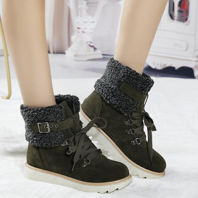 Women's fashion fur trim lace-up short snow boots flat non-slip plush lining warm boots
