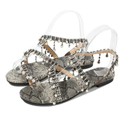 Women's black gray snakeskin beads ring toe beach sandals