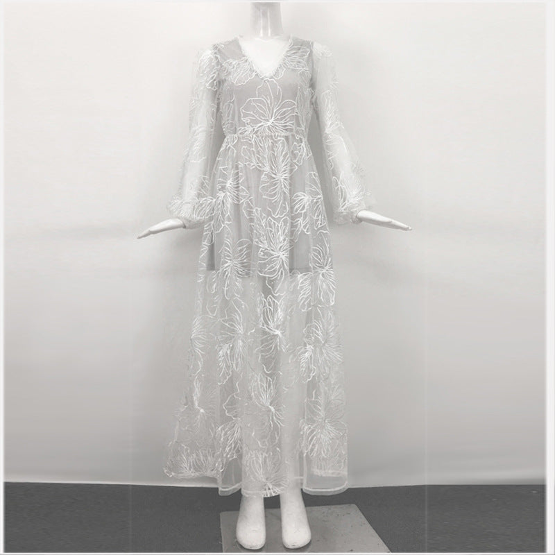 Women's v neck white flower embroidery large swing lace maxi dress party bridal banquet lace dress