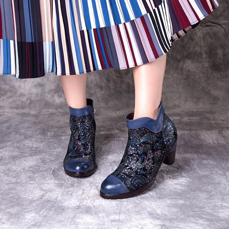 Women's leather dark blue ethnic retro flower embroidery chunky ankle booties