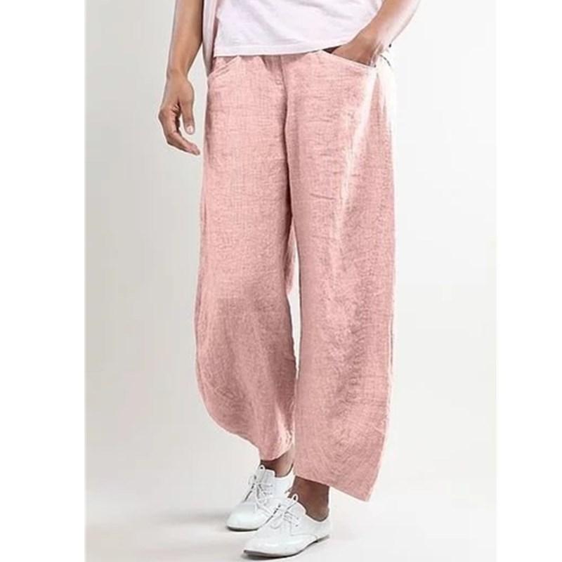 Women's linen elastic mid rise cropped pants with pockets