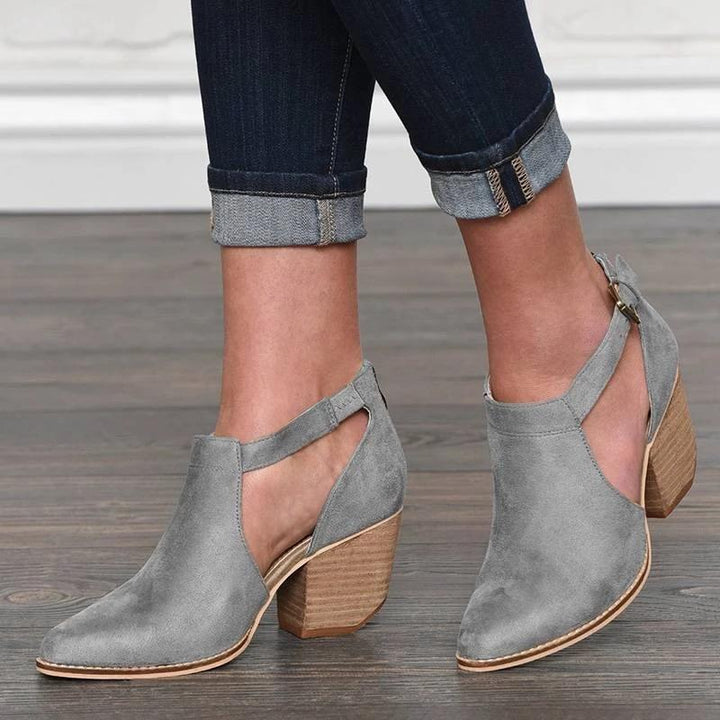 Womens Booties Autumn Buckle Strap Cut Out Chunky Heel Zipper Boots - fashionshoeshouse