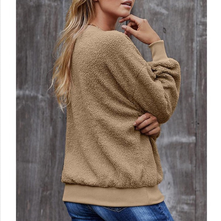 Casual Pure Color Loose Long Sleeve Crew Neck Pullover Sweater - fashionshoeshouse