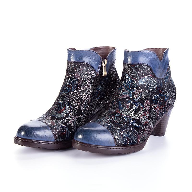 Women's leather dark blue ethnic retro flower embroidery chunky ankle booties
