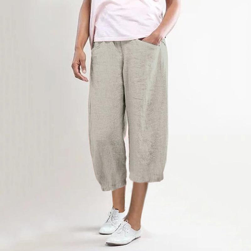 Women's linen elastic mid rise cropped pants with pockets