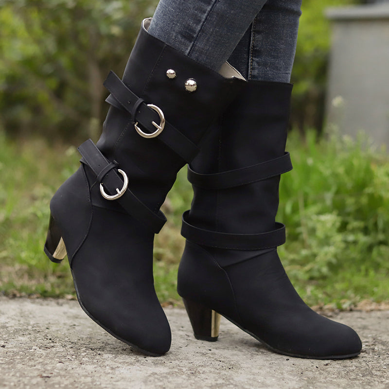 Women'd medium high mid-calf buckle strap boots fashion daily boots