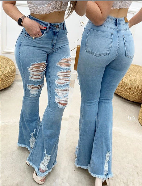 Women's ripped frayed hem flare jeans floor length skinny bell bottom jeans
