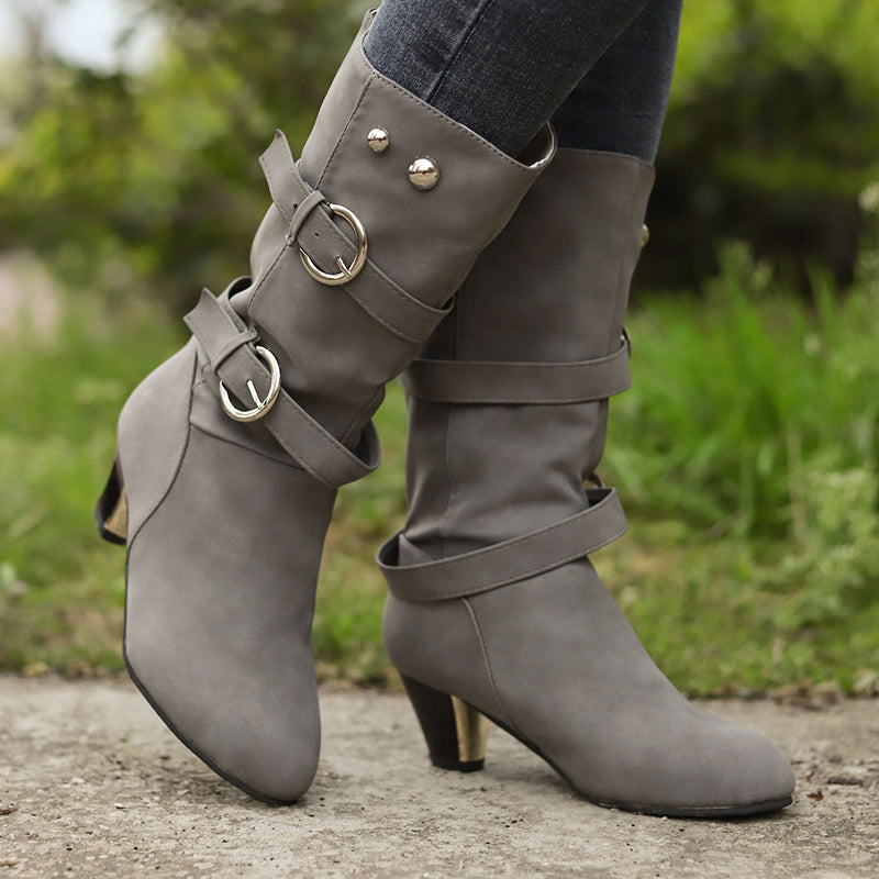 Women'd medium high mid-calf buckle strap boots fashion daily boots