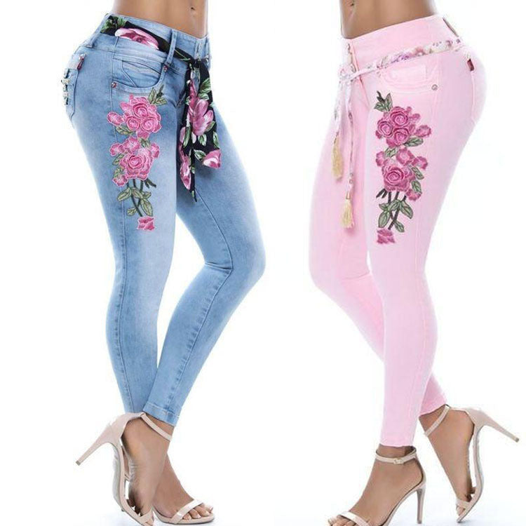 Women's flower embroidery skinny jeans belt tie high waist tight jeans
