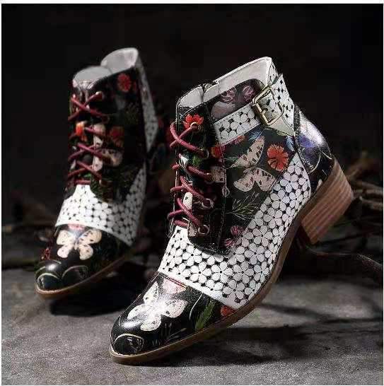 Women Flowers Printing Ankle Strap Short Lace Up Boots - fashionshoeshouse