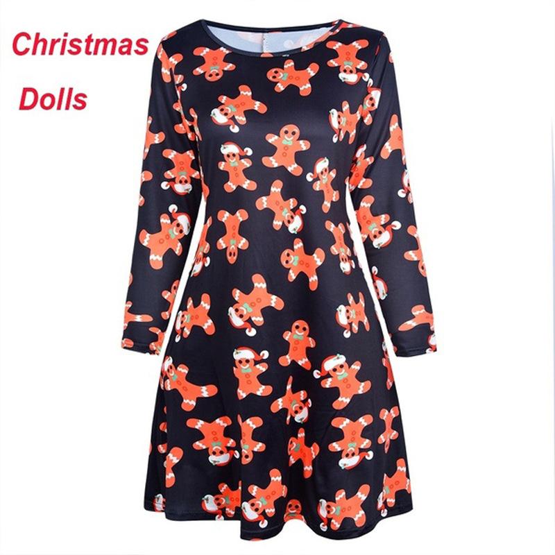 2019 Christmas Women Premium Round Neck Long Sleeve Floral Print Dress - fashionshoeshouse