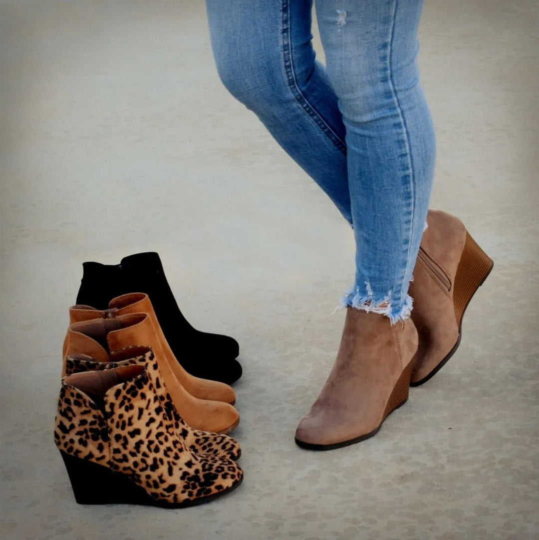 Women Winter Fashion Medium High Leopard Suede Wedge Boots - fashionshoeshouse