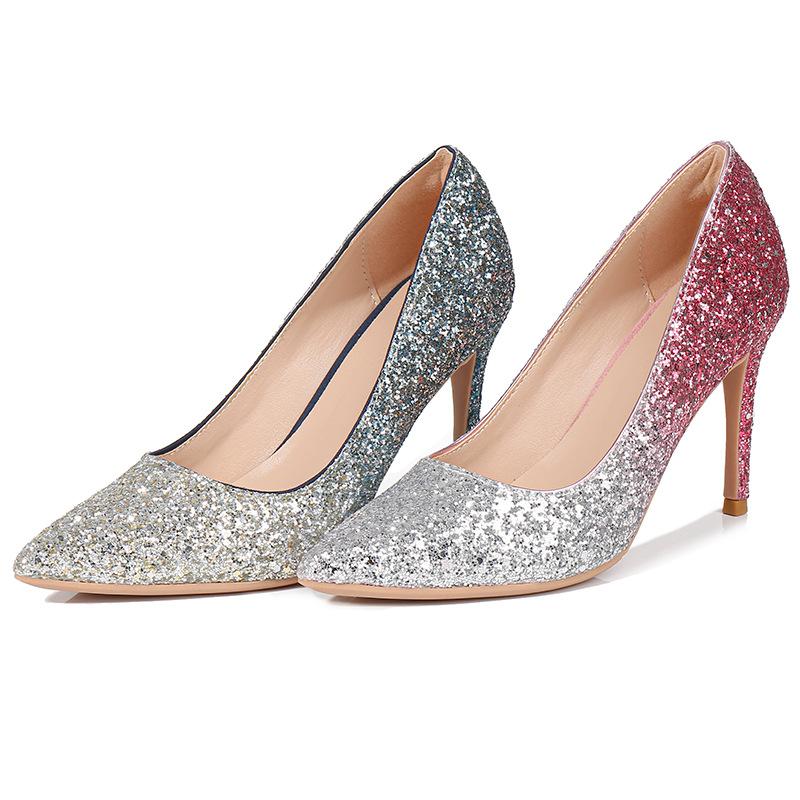 Women's silver rhinestone glitter wedding pumps pointed toe prom party pumps
