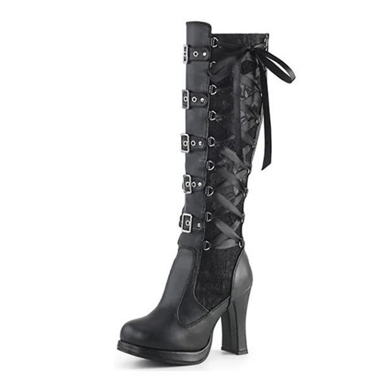 Fashion Chunky Rivet Long Black Platform Boots For Women - fashionshoeshouse