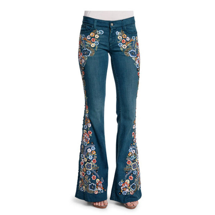Women's vintage flower embroidery bootcut jeans