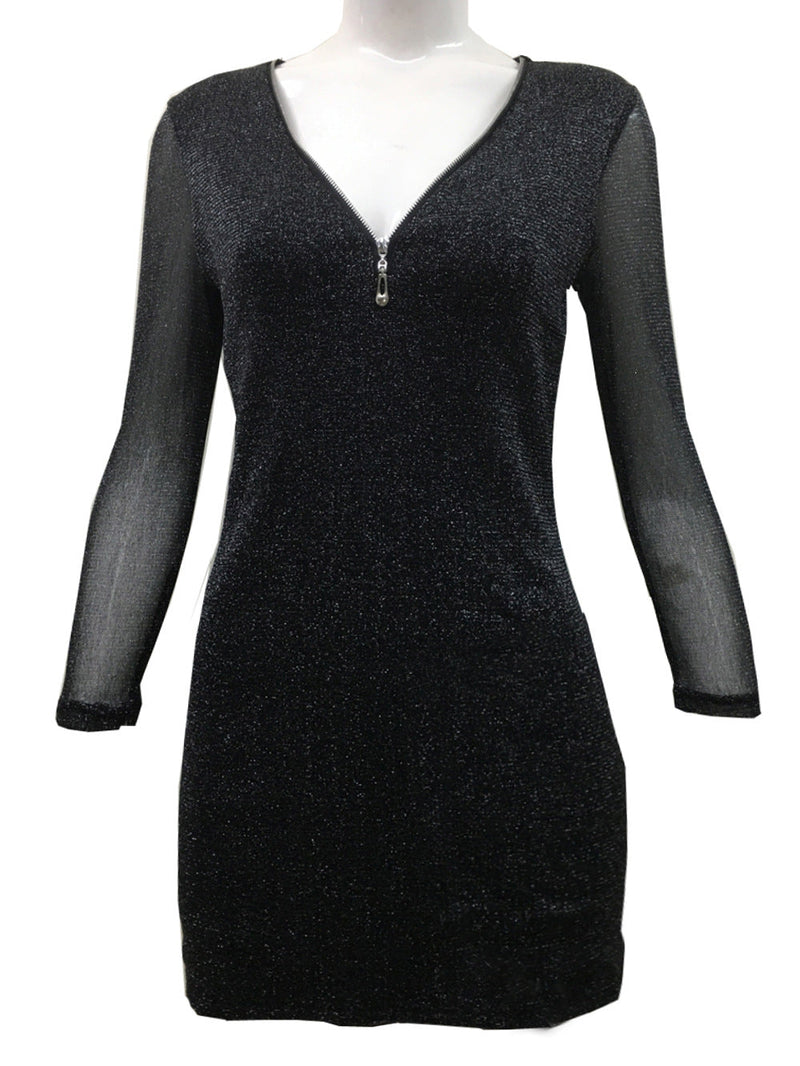 Women's black sexy bodycon mini dress sequins mesh long sleeves party nightclub dress