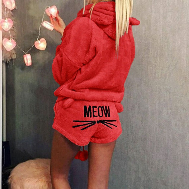 Women's furry cat ear hooded 2 pieces suits long sleeves fall winter lounge suits