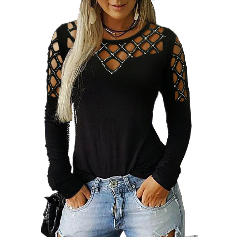 Women Long Sleeve Plaid Hollow Out Black Top