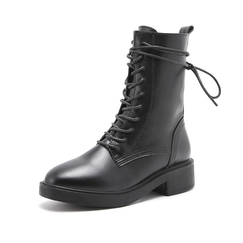 Women's low heels mid calf combat boots lace-up biker boots England style