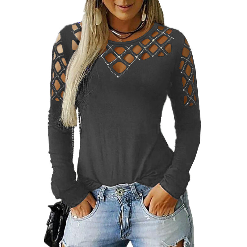 Women Long Sleeve Plaid Hollow Out Black Top