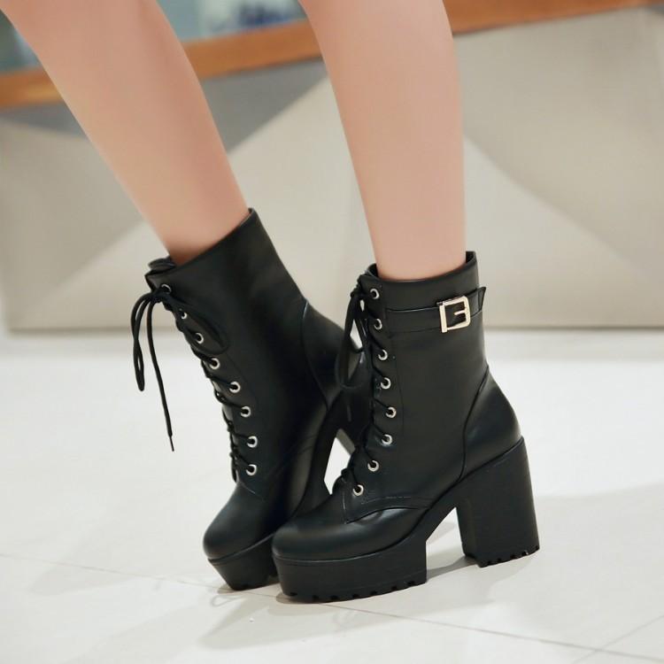 Women Platform Chunky High Heel PU Martin Boots - fashionshoeshouse