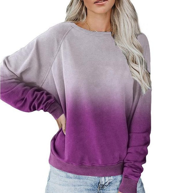 Women Long Sleeve Gradient Color Block Pullover Crewneck Sweatshirt - fashionshoeshouse