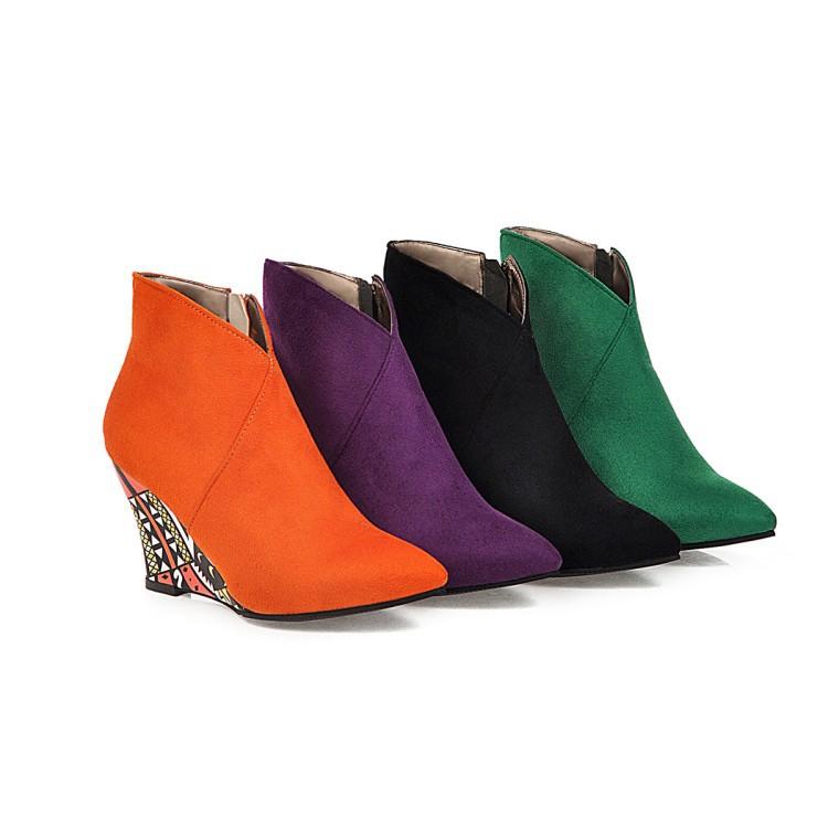 Women's fashion v cut wedge ankle booties with side zipper