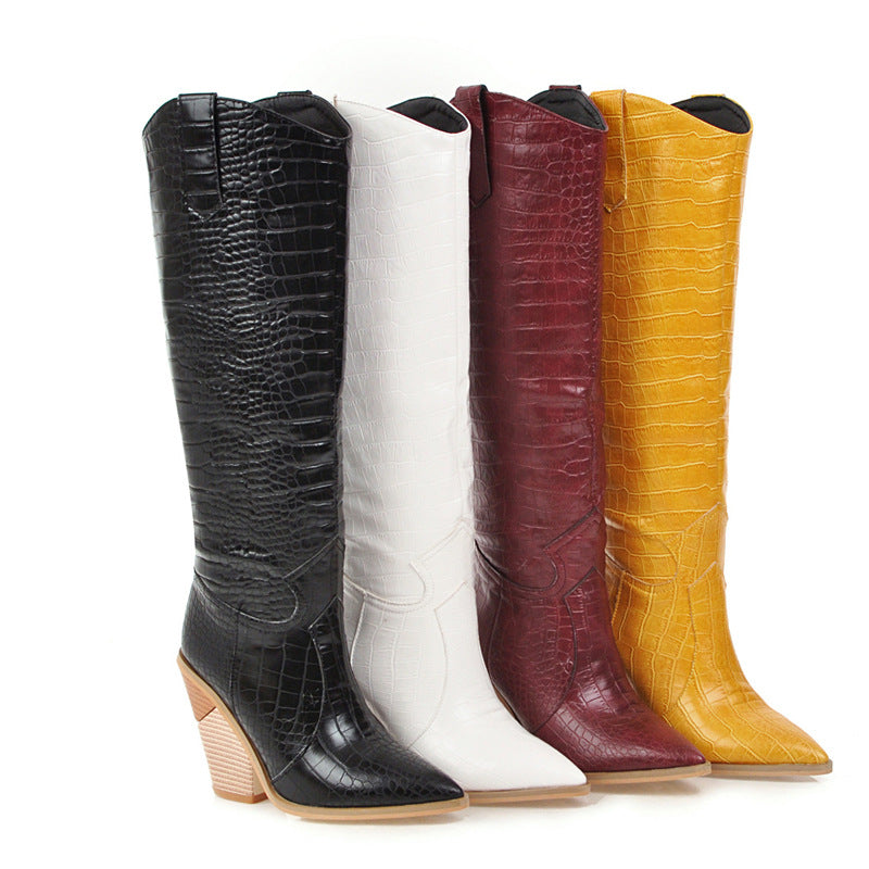 Women's chunky high heels knee high boots Solid cowboy boots Fall winter tall boots