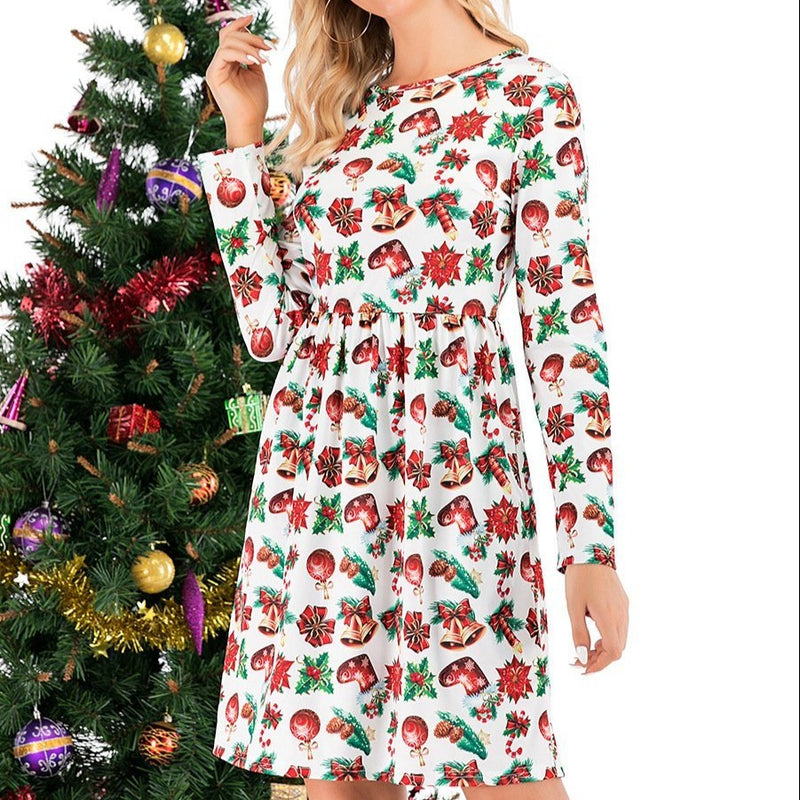 Christmas Loose Waist Long Sleeve Print Midi Dress - fashionshoeshouse