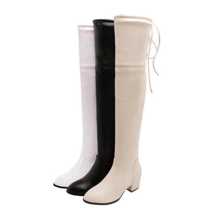 Women's medium block heels thigh high boots Pointed toe over the knee boots