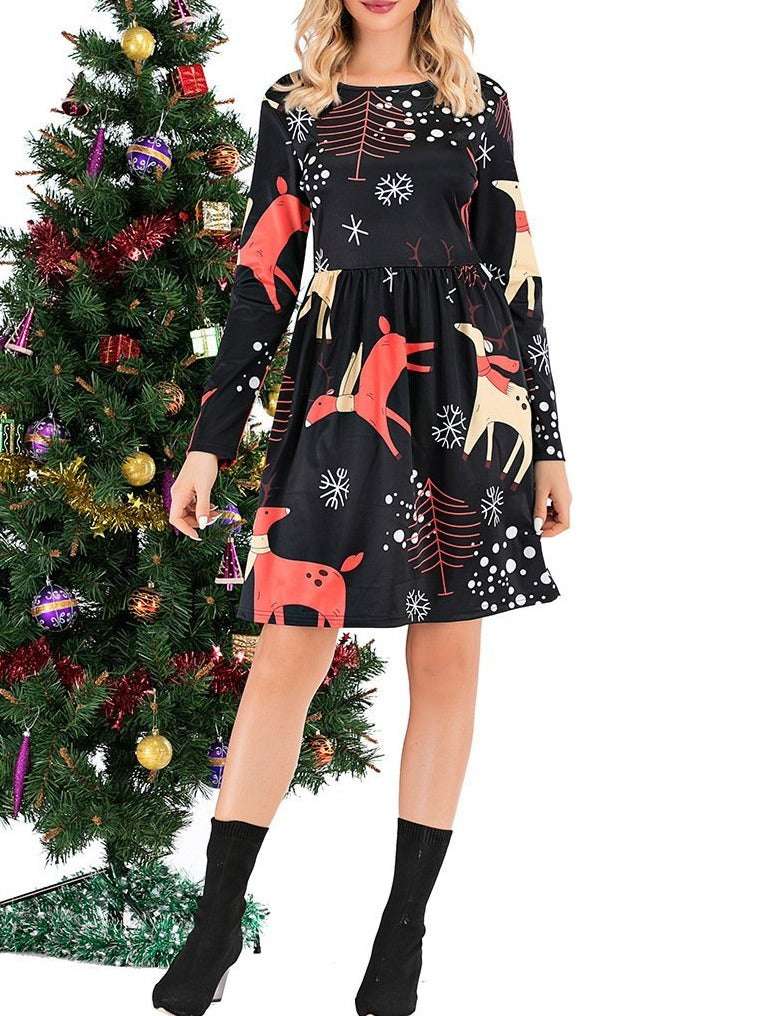 Christmas Loose Waist Long Sleeve Print Midi Dress - fashionshoeshouse