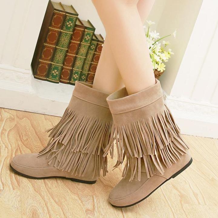 Women's tassels mid calf boots low heel short fringe boots