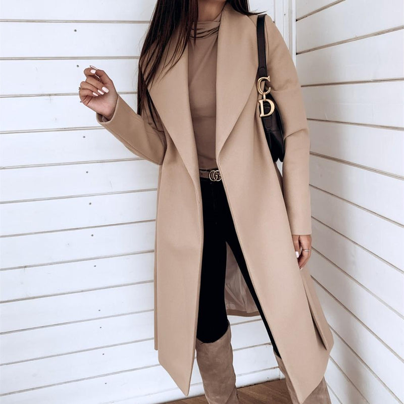 Women tweed belted lapel trench coat mid-long outerwear with pockets