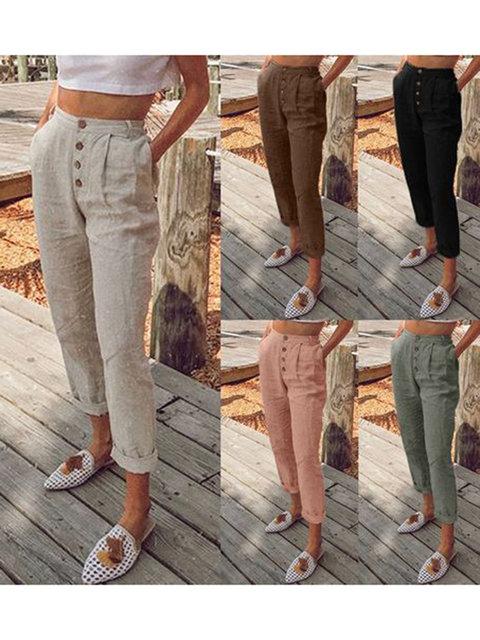 5 Colors Plain Button Pocket Linen Pants - fashionshoeshouse