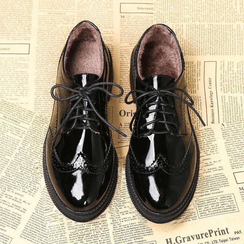 Women's black thick platform classic brogue oxfords shoes PU patent leather lace-up