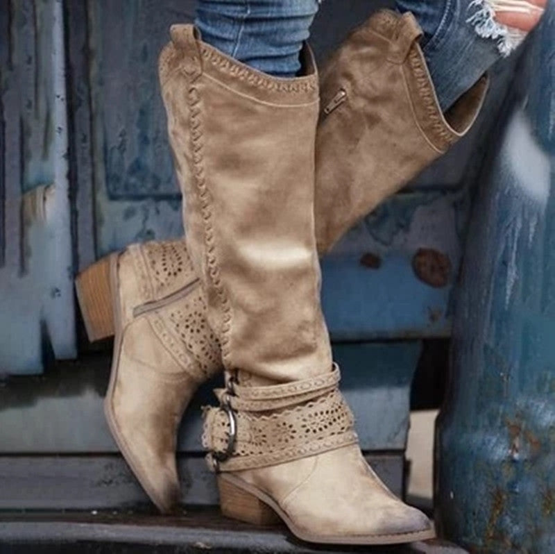 Women's vintage knee high boots block heels boots